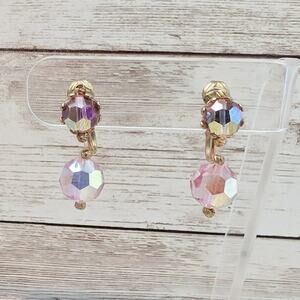 Vintage Clip On Earrings Pretty Iridescent Pink Aurora Borealis Dangle